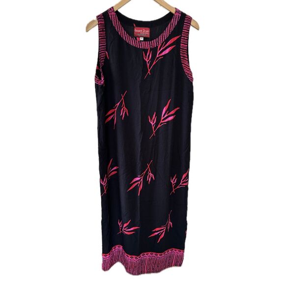 Sunset Rose Hawaiian Islander Inspired Tropical Leaves Batik Dye Midi Dress M - Picture 1 of 4
